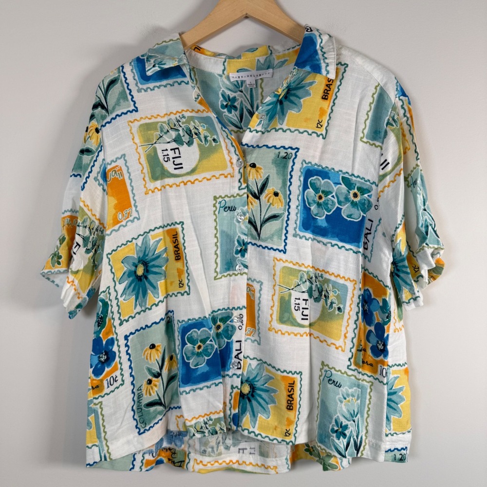 Jane + Delancey Postcard Stamp Print Button Up Shirt Top Large Linen Blend